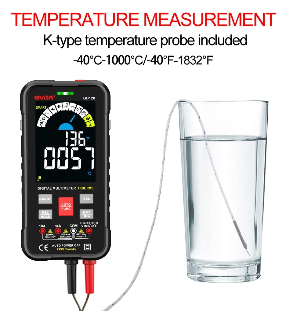 GVDA Nowy 9999 zliczeń Multimetr cyfrowy Smart Auto Range 1000V 10A Tester Miernik Ohm Hz Pojemność REL True RMS AC DC DMM GD128