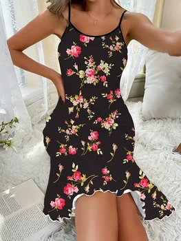 Single-Piece Women's Four-Season Summer Style Casual Romantic Floral Print Cute Halter Dress 4