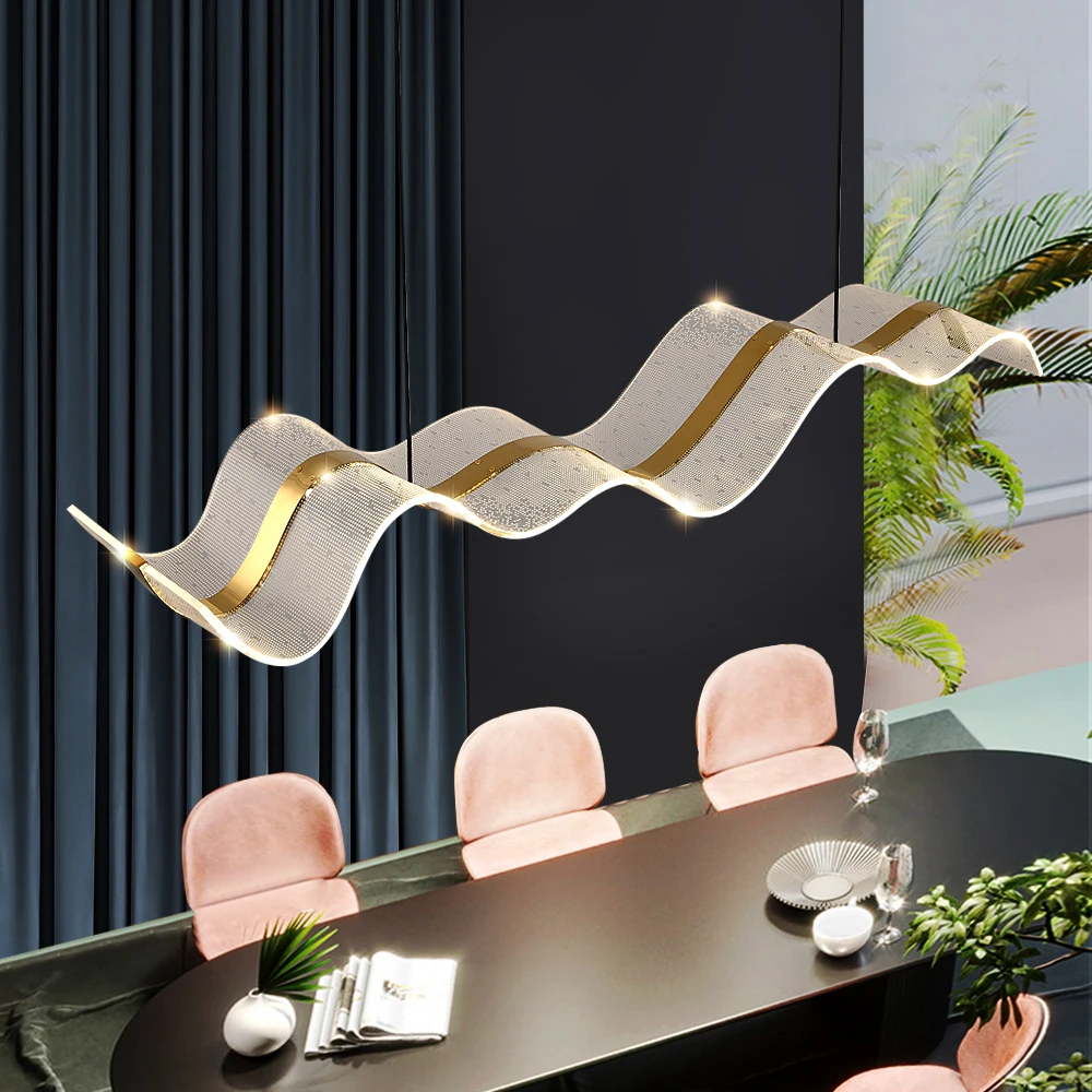 

Luxury led chandelier wave design large kitchen island suspension light fixtures indoor hotel lobby dining room bar acrylic lamp