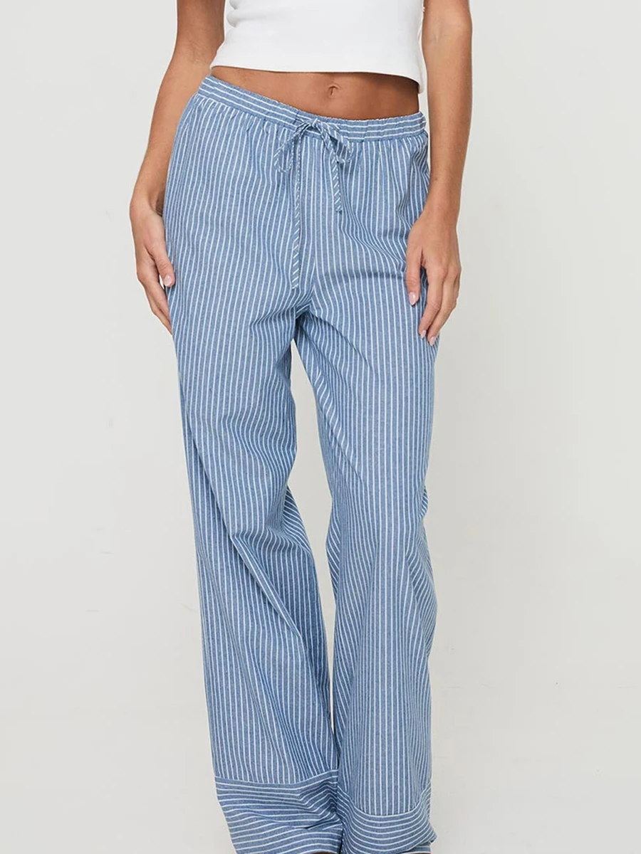 

Women Striped Pajama Pants Elastic Waist Straight Wide Leg Trousers Casual Loose Fit Going Out Bottoms with Pockets Sleepwear