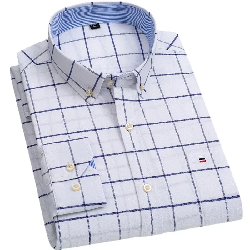 

Plus 7XL 6XL Oxford For Men Shirts Fashion 100% Cotton Thin Long Sleeve Casual Slim Solid Plaid Print Striped Formal Dress Shirt