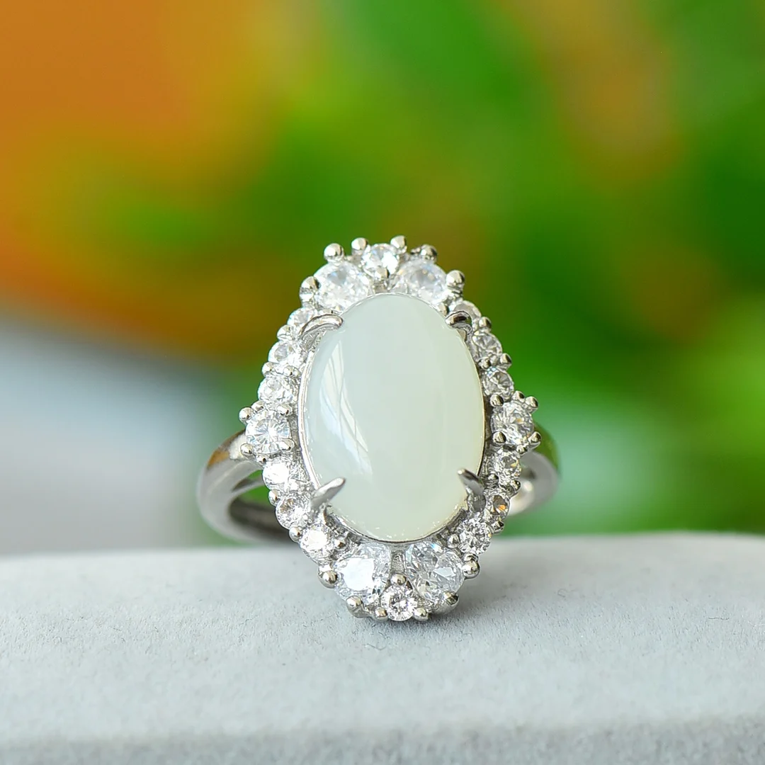 

Prong Setting Hetian Jade Rings Women Adjustable White Gemstone Accessories Jewelry Branded Fine Accessories Luxury Silver