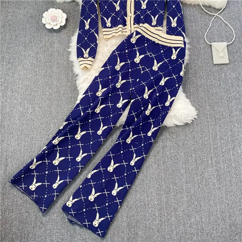2024 Spring Autumn Knited Two Piece Set Women Clothing Sets Casual Long Sleeve Sweater Cardigan + Wide Leg Long Pants Suits
