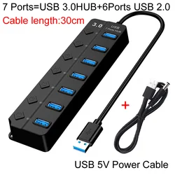 USB 3.0 Multi - Port Hub with Power Adapter and Switch (7ports - 30cm)