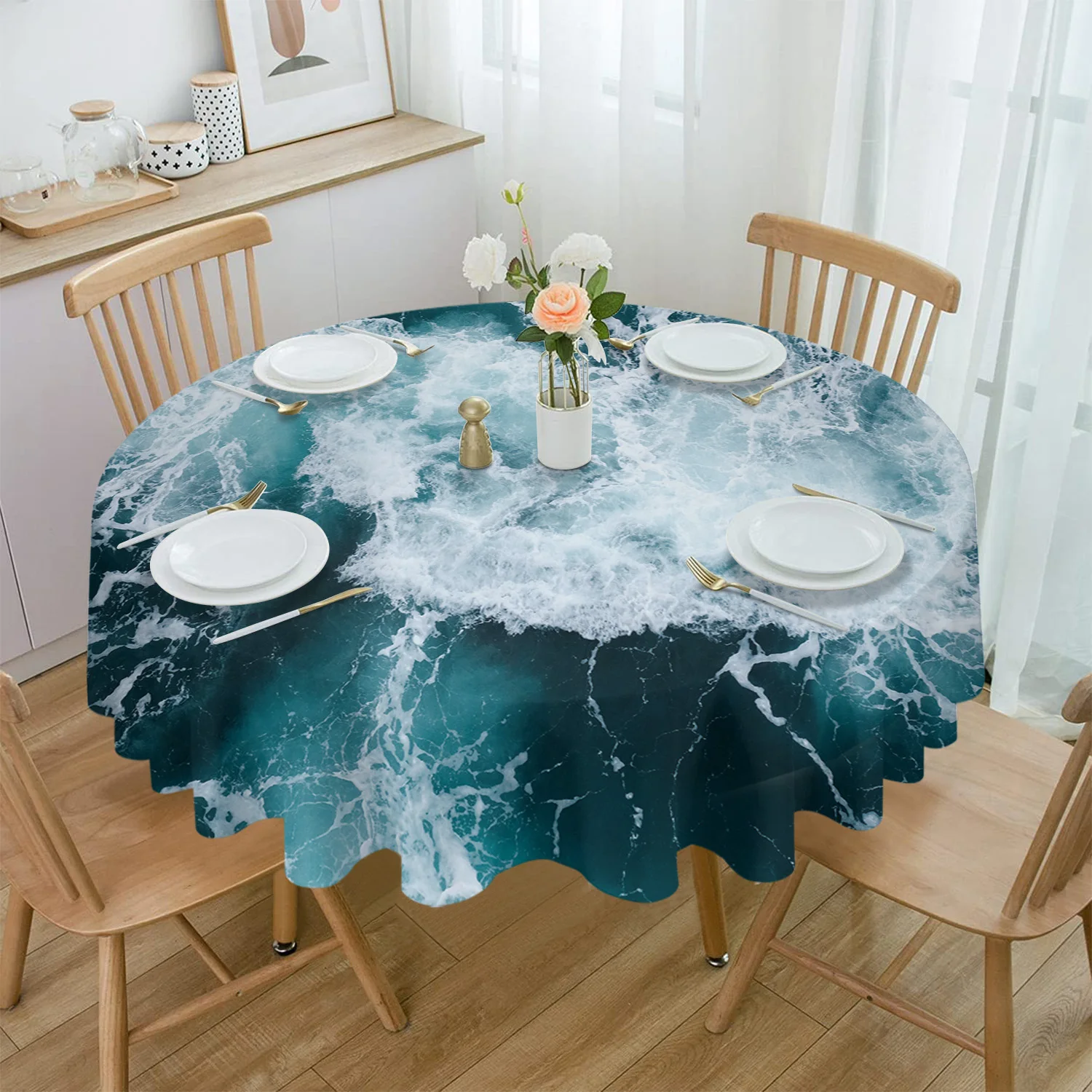 TurquoiseSeaWaterRoundTableclothsforDiningTableWaterproofTable