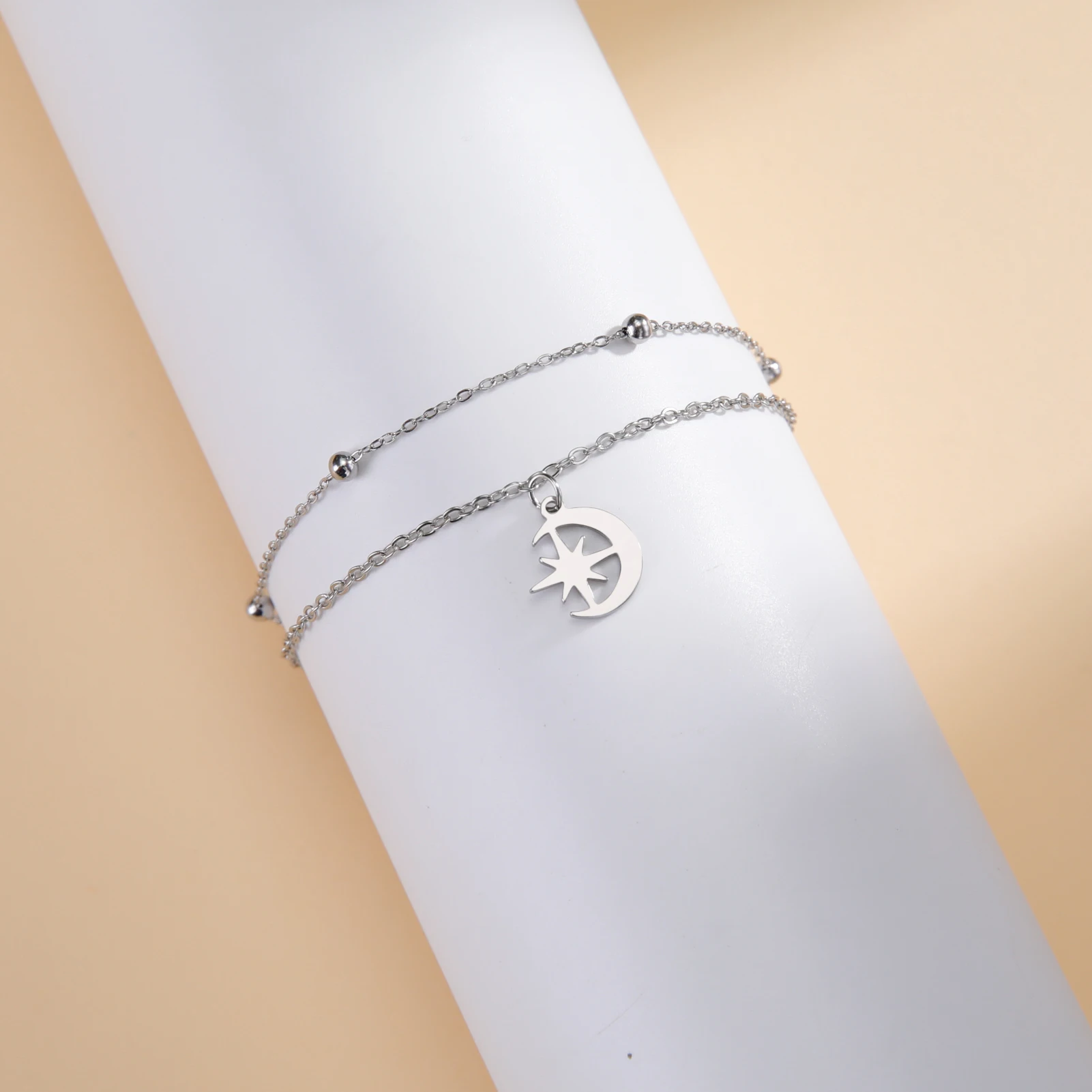 Kkjoy Böhmische Edelstahl-Klassische Stern-Mond-Fußkette Doppellagige Zirkon-Fußkettchen für Frauen Strand-Schmuck Großhandel – Detail 6
