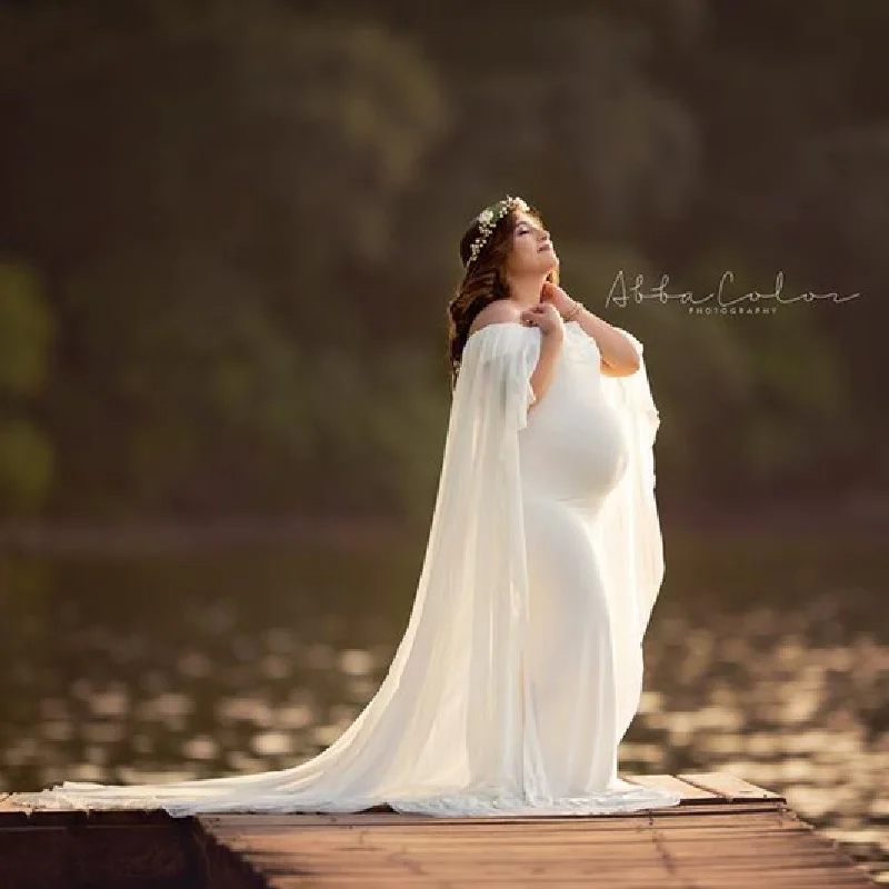 

Women's Maternity Fitted Elegant Gown for Photoshoot Baby Shower Long Off Shoulder Bride Party Ruffles Maxi Photography Dress