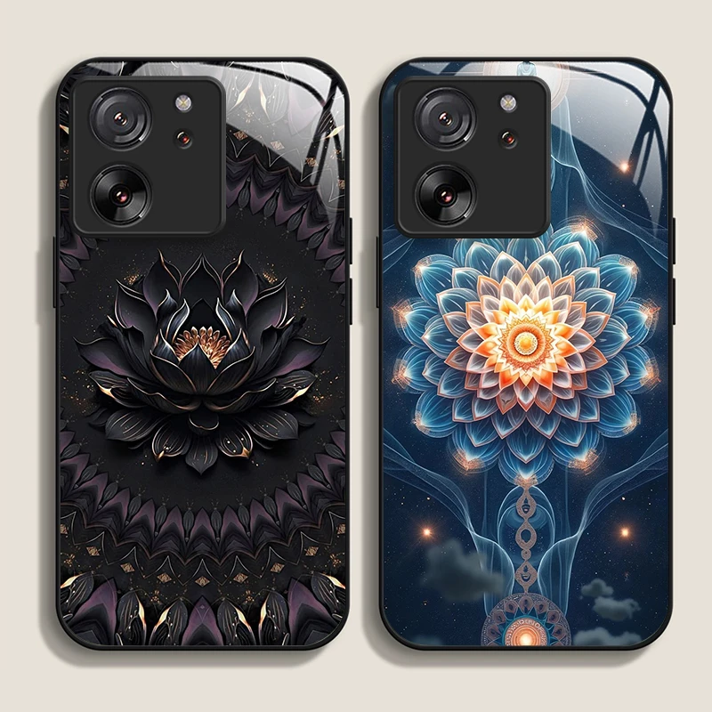 Artistic Lotus Flower Pattern Tempered Glass Phone Case