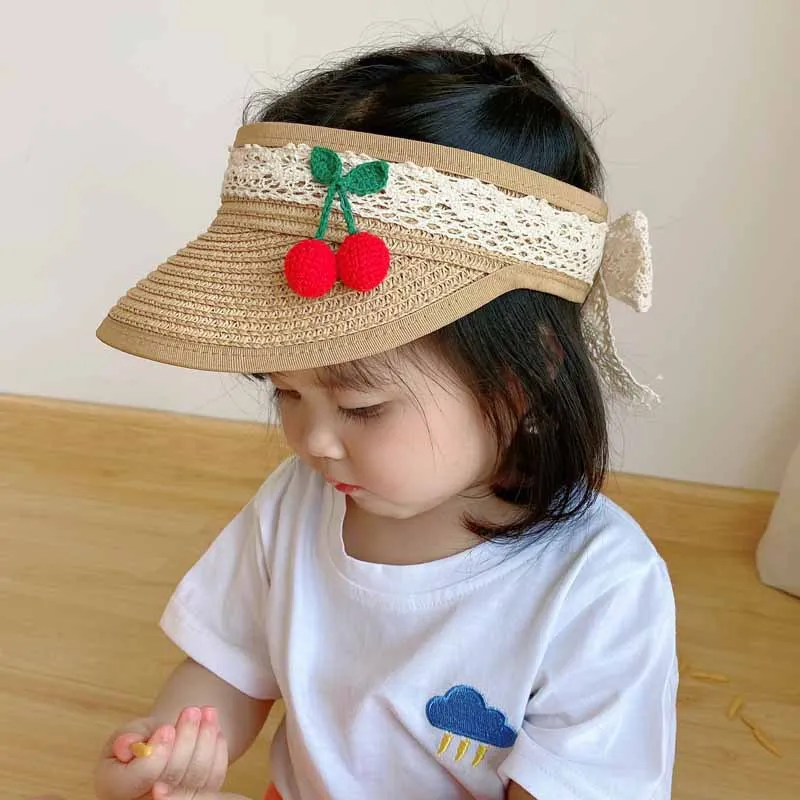 

2022 New Arrivals Kids Girls Sunhats Lace Cherry Child Big Brim Visor Hat Cap Outdoor Beach Sunprotection Summer Straw Hat