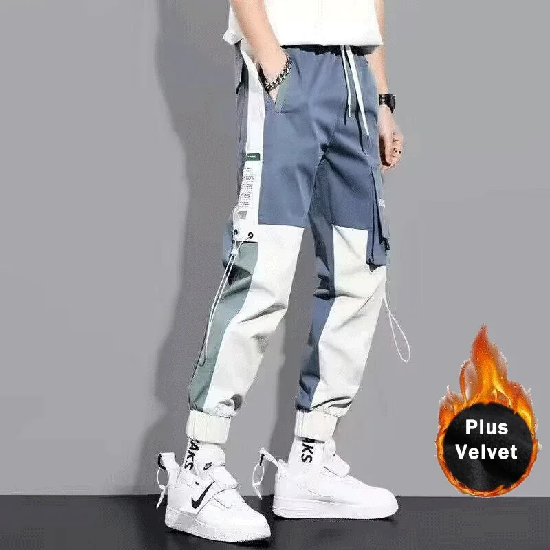 

New Winter Fleece Cargo Pans Men Streetwear Jogger Patchwork Elastic Waist Sweatpants Male Baggy Harem Pants Hip Hop Trousers