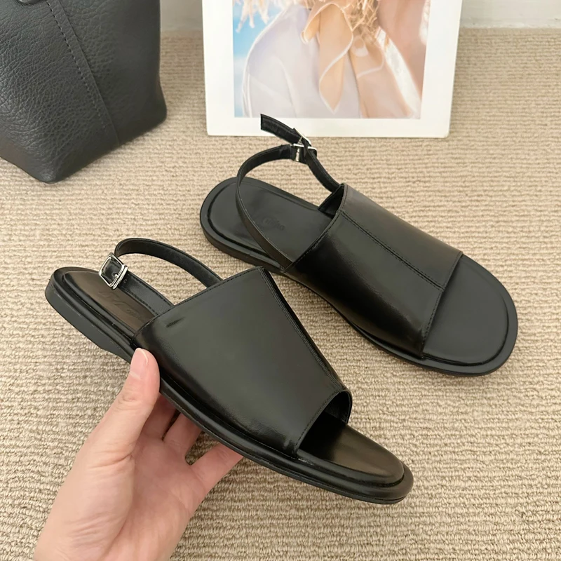 Black Flat Sandals Women Silver Slingback Shoes Retro Summer Flats Beach Shoes Ladies Back Buckle Sandales Femmes