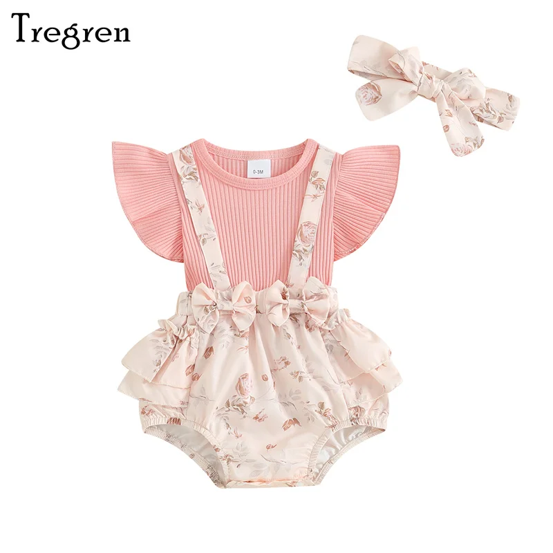 

Tregren 0-12M Newborn Baby Girls Rompers Rib Knit Patchwork Floral Print Fly Sleeve Ruffles Bodysuits + Headband Infant Clothes