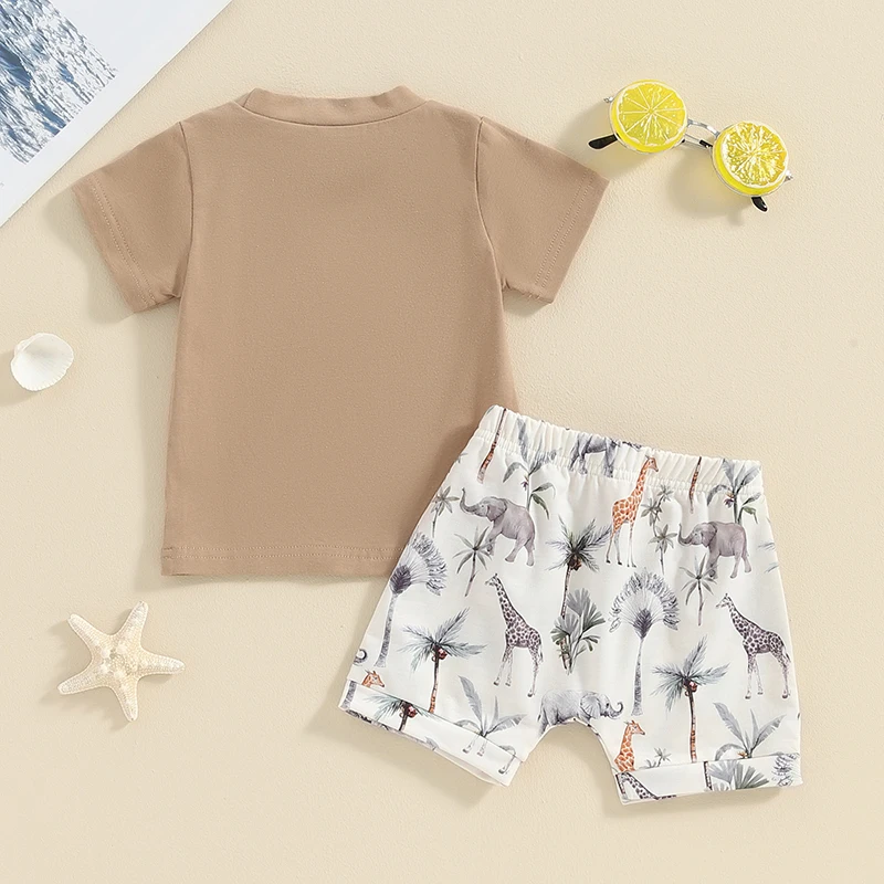 -01-12 Lioraitiin Toddler Boys Summer Outfits Animal Print Short Sleeve T-Shirt and Elastic Shorts Vacation Clothes Set
