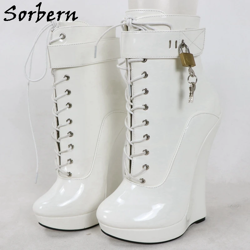

Sorbern Ivory White Lockable Ankle Boots Women Narrow Heel Wedge Platform Fetish Booties Unisex Lace Up Custom Multi Colors