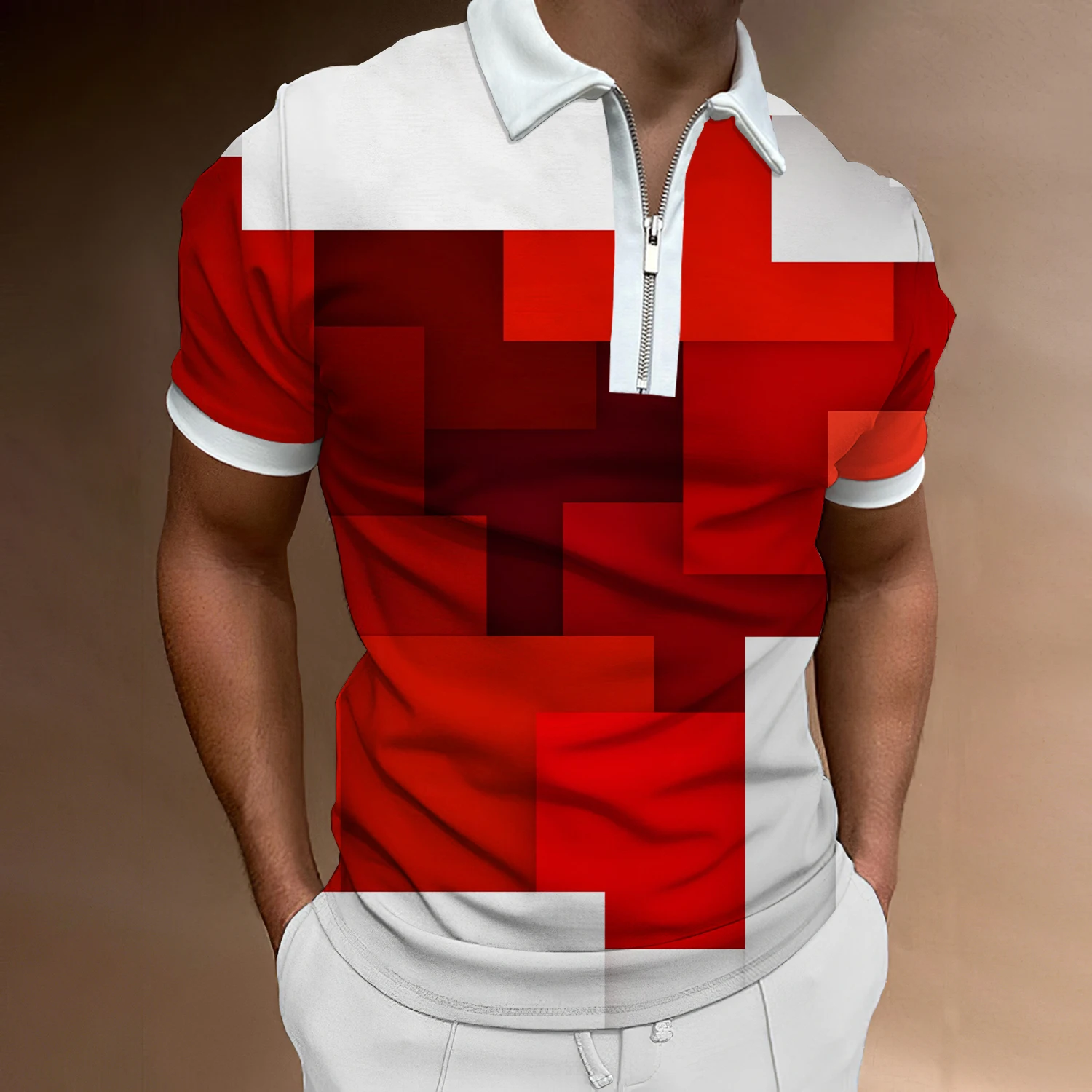 

2022 Summer High Quality Men Polo Shirts High Street Print Casual Short Sleeve Men T Shirts Turn-Down Collar Zipper Polo Shirt