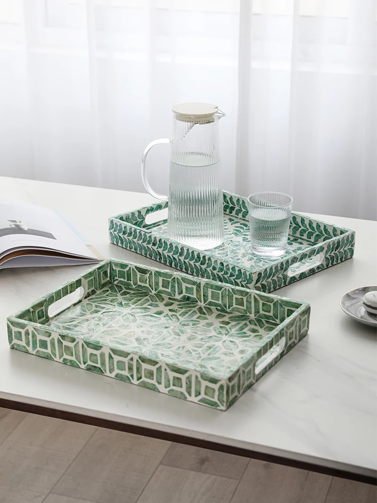 Luxury Rectangle Green Mother Of Pearls Tray With Two Handles Hand Crafted Home Tabletop Decor Storage Plate For Coffee Cups Set 3