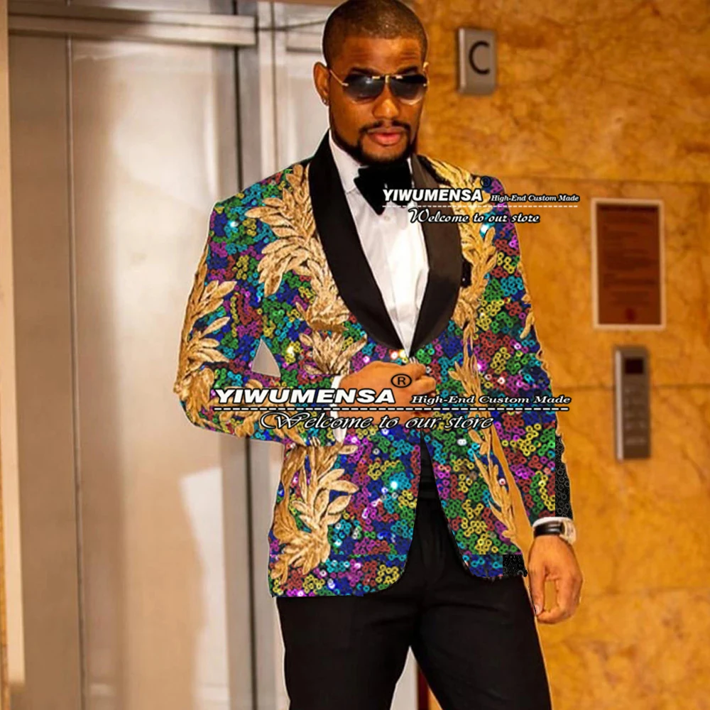 Colorful Shiny Wedding Tuxedo Tailor-Made Suits Mens Masculino Black Lapel Gold Appliques Jacket+Pants Traje De Hombre Para Boda