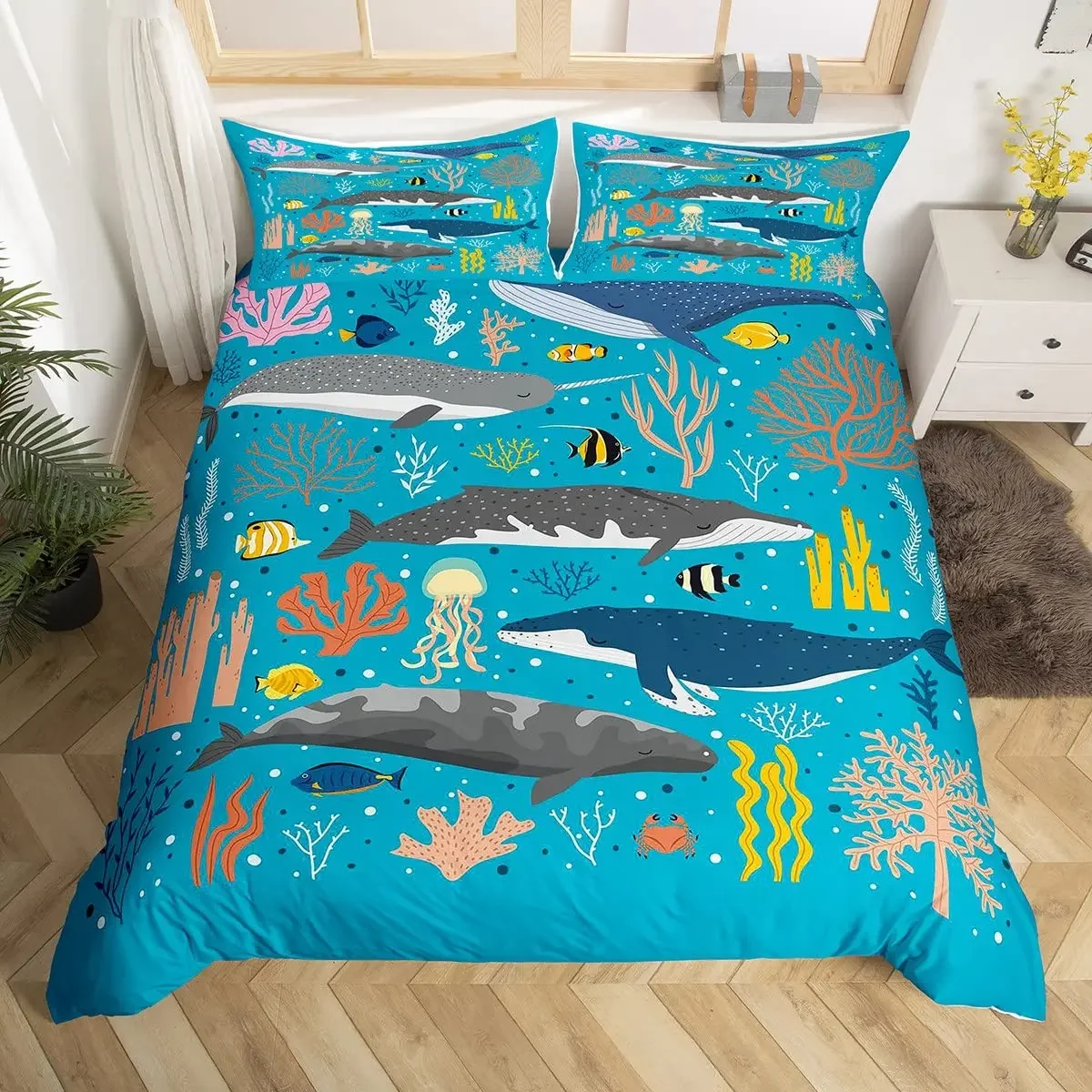 Whales King Queen Duvet Cover Ocean Animal Bedding Set Seaweed Starfish Marine Life Quilt Cover Blue Polyester Comforter Cover