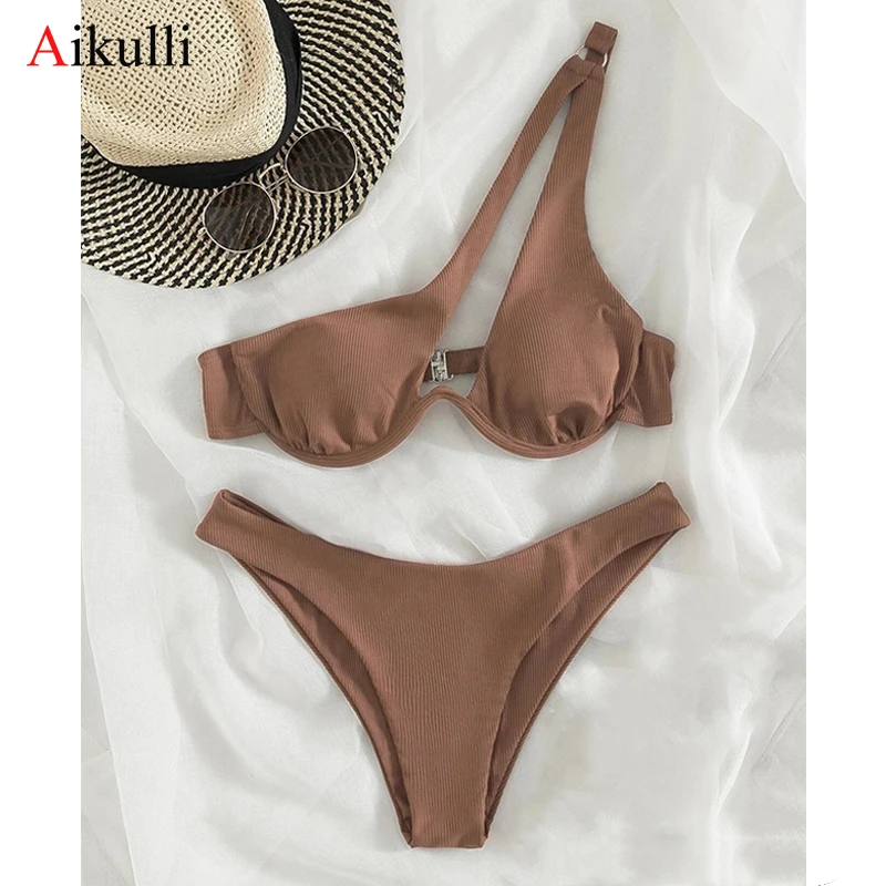 

Sexy One Shoulder Bikinis Swimsuits Cut Out Women Swimwear 2024 Underwire Biquini High Cut Bathing Suit Push Up Beach Bikini Set