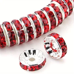 Vibrant 8mm Flat Circular Inlaid Water Diamond Beads - 120pcs for DIY Bracelets and Jewelry Crafting (Silvery - red)