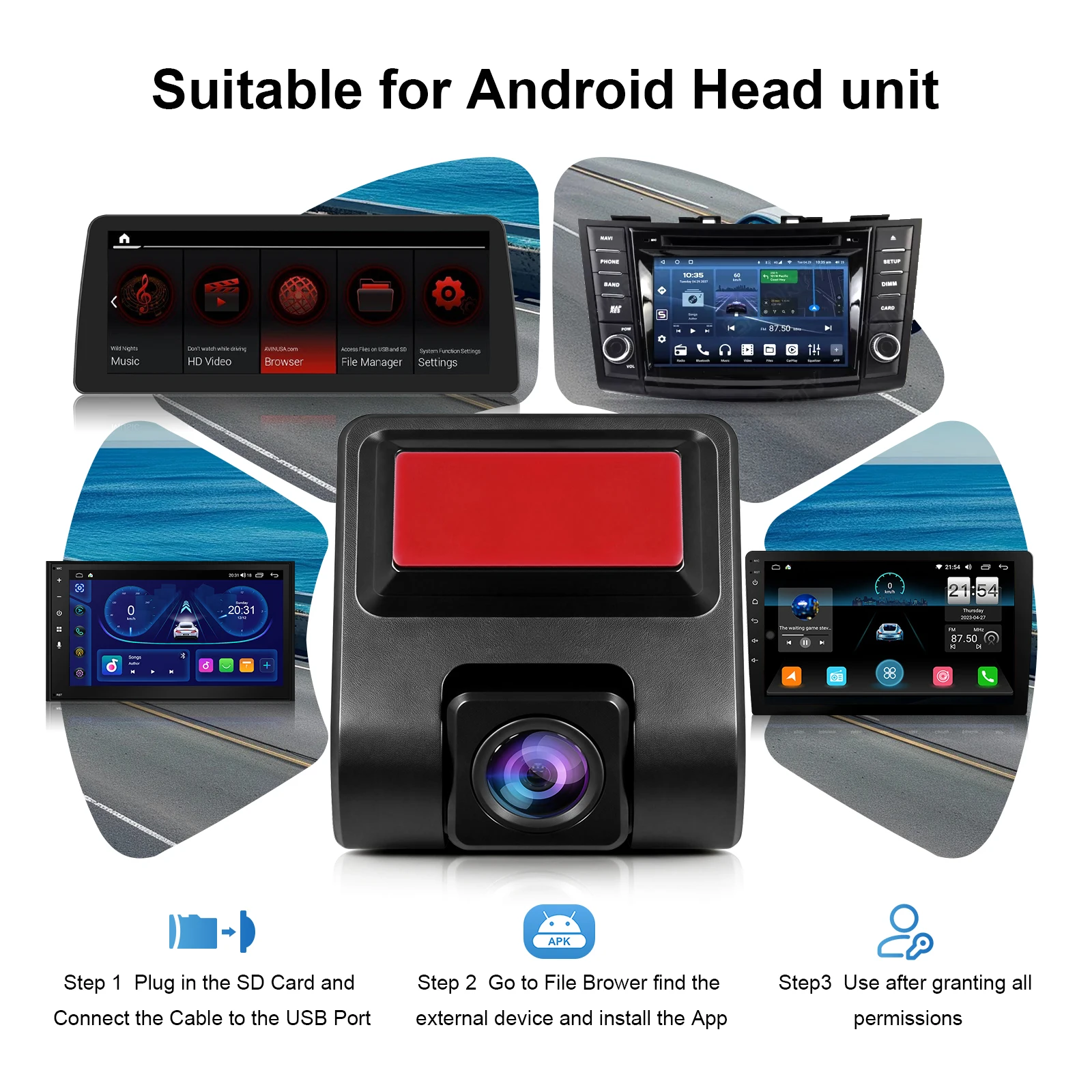 이존트로닉스 USB 전면 대시 카메라 안드로이드 시스템용 범용 차량용 DVR (ADAS 기능 탑재, SD 카드 플러그 포함)