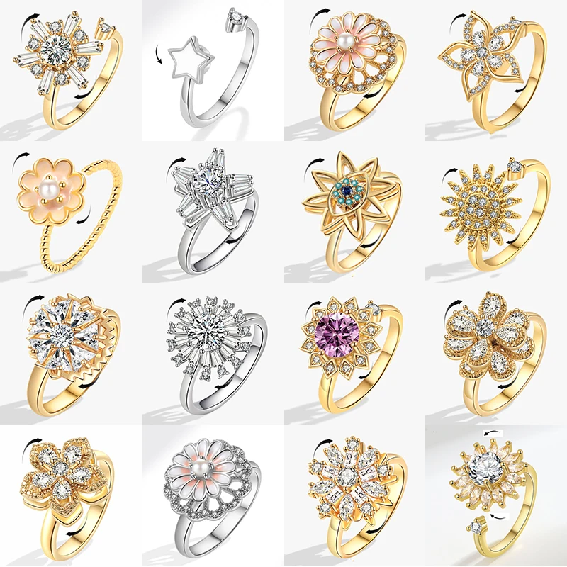 SMJEL Luxuriöse Kristall-Angstlöse-Drehringe für Frauen, niedlicher Sakura-Gänseblümchen-Rosen-Blumen-Drehring, Anti-Stress-Geschenk