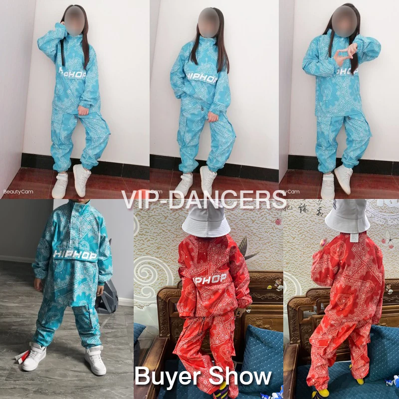 Boys Street Dance Costume Loose Blue Sweater Pants Tide Printing Hip-Hop Outfit Performance Girls Clothes Rave Wear BL7234