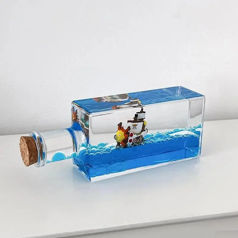 One Piece Schwimmende Driftflasche 3D-Schiff Go Merry Thousand Sunny Flüssiges Boot in Flasche Heim-Desktop-Deko Anime-Sammlung für Erwachsene