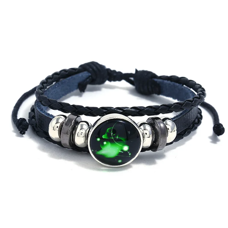 12 Zodiac Sign Neon Charm Bracelet - Glow in The Dark Leather Bracelet Taurus