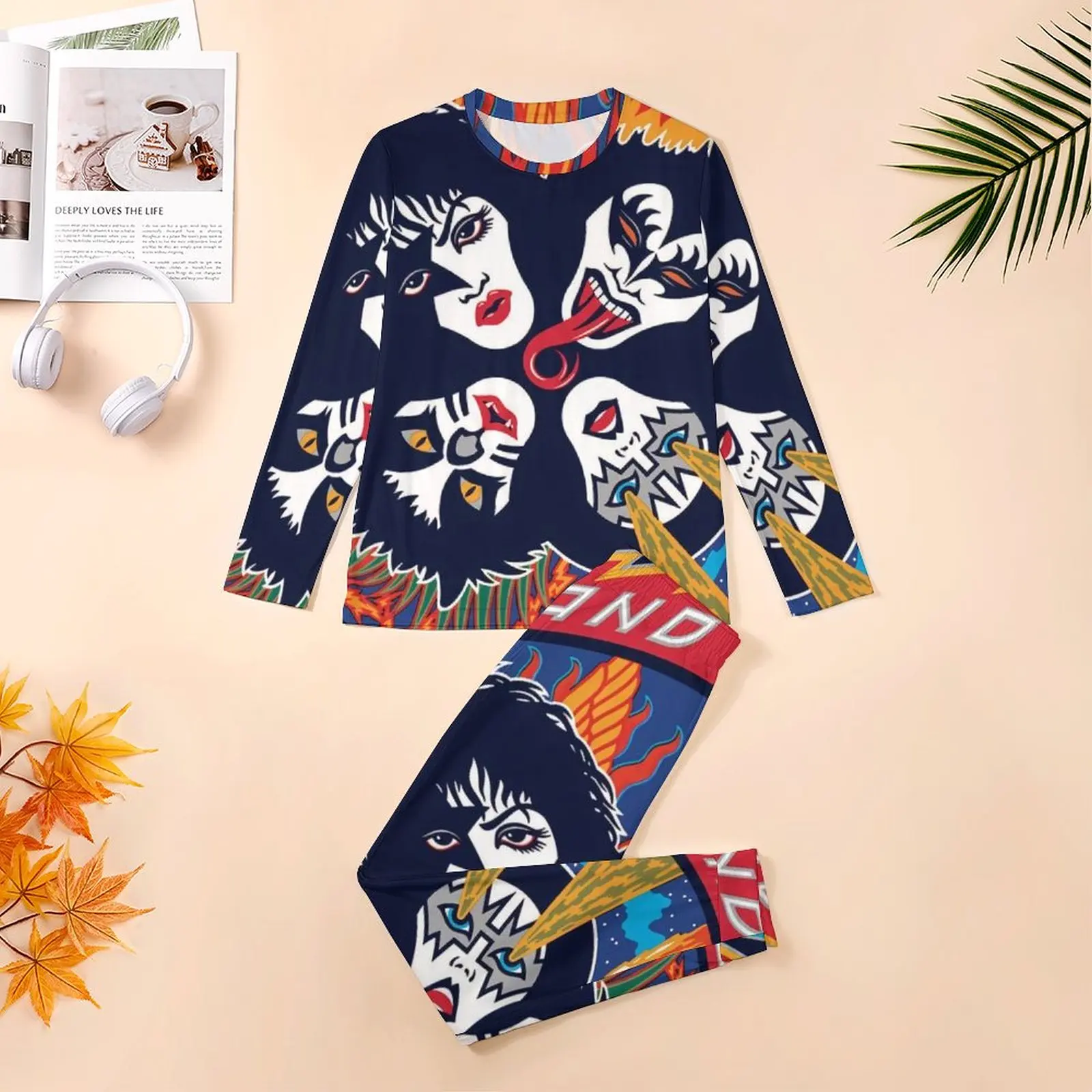 남성용 긴팔 캐주얼 디자인 잠옷 세트, 키스 밴드, 데일리 2 피스, 멋진 잠옷 세트, 3XL, 4XL, 5XL