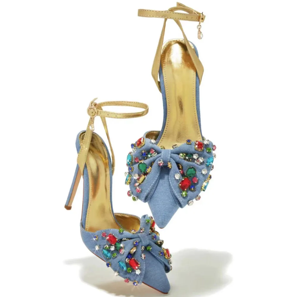 

Newest Rhinestone Women Sandals Buckle Strap Denim Sweet High Heels Pumps Butterfly-Knot Sexy Party Wedding Prom Shoes Woman