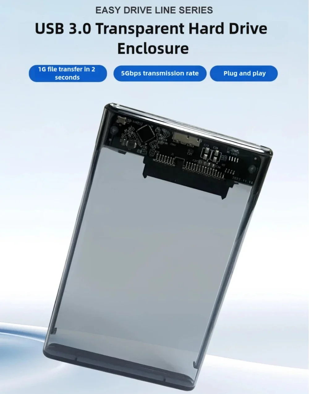 USB 3.0 External Hard Drive Enclosure 2.5 inch SATA to USB3.0 UASP Clear Portable Hard Drive Case 2T HDD Tool-Free Transparent