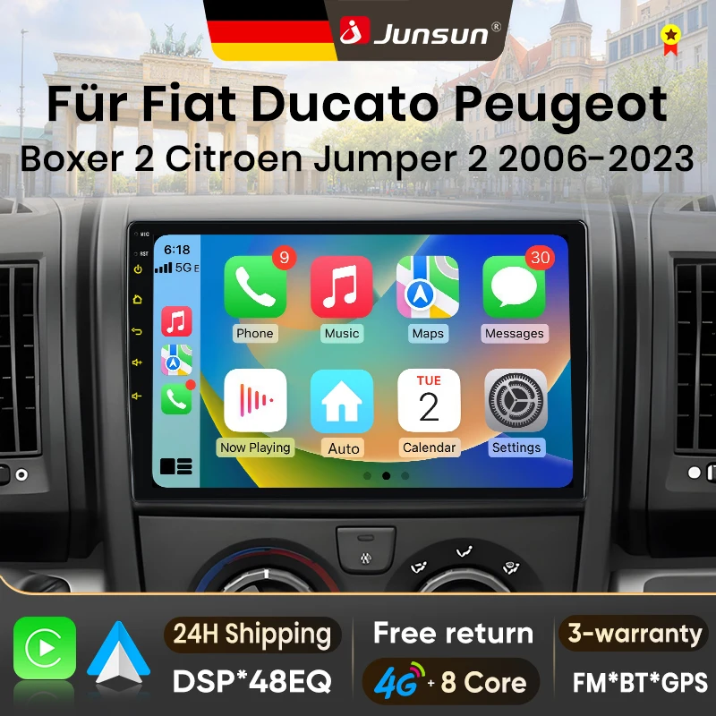 Radio para Auto Junsun de 9 Pulgadas con Android 15 para Fiat Ducato, Peugeot Boxer 2, Citroën Jumper 2 (2006-2023), Compatible con Apple CarPlay, Pantalla IPS, Reproductor Multimedia Estéreo, Sistema Inteligente Automotriz, 2 Din, Autoradio, Unidad Principal, Navegación GPS, FM, AM, DSP, RDS, SWC, DAB+ 1