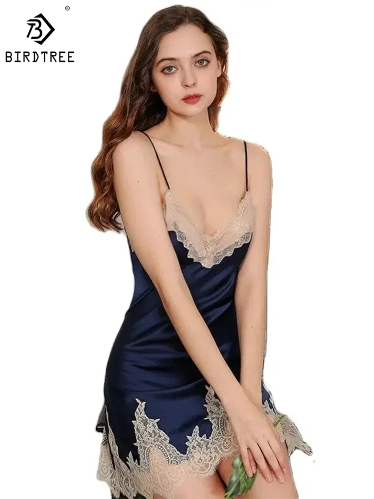 

Birdtree 100%Real Silk Satin Sexy Lace Nightgown Women's V-Neck Backless Pajamas Home Clothes Night Skirt Sling Dress P3N820QM