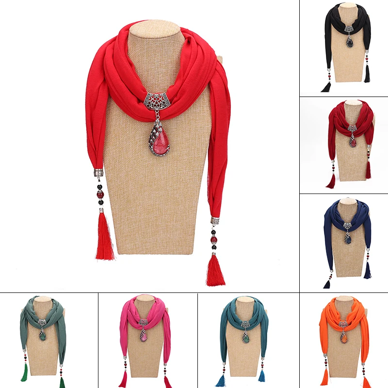 Women Scarf Ceramic Bead Pendant Fringe Tassel Scarf Jewelry With