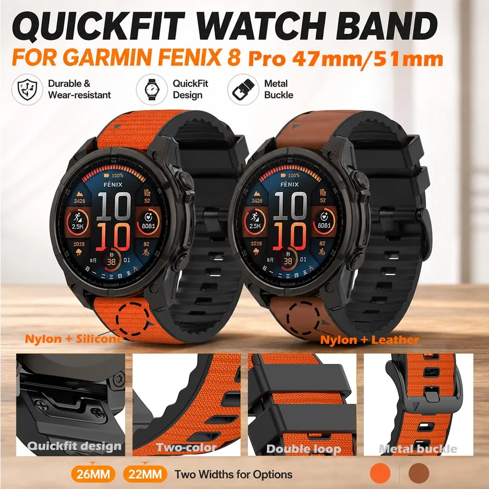 Quickfit Silicone & Nylon Strap with Leather Accents - Premium 26mm/22mm Band