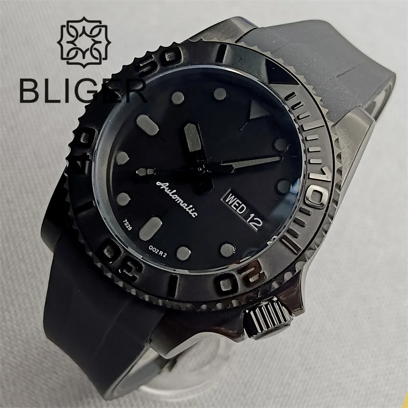 

BLIGER 40mm Black PVD Case Watch For Men NH36 Movement AR Blue Sapphire Crystal Black White Dial Week Date 3.8 CrownRubber Strap