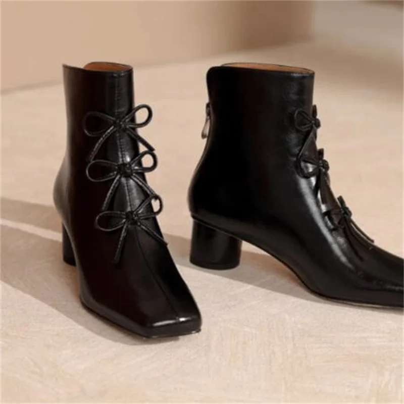 

Butterfly-knot Shoes for Ladies Square Toes Leather Sewing Lines Chassure Femme Round High Heels Female Boots Back Zippers Botas