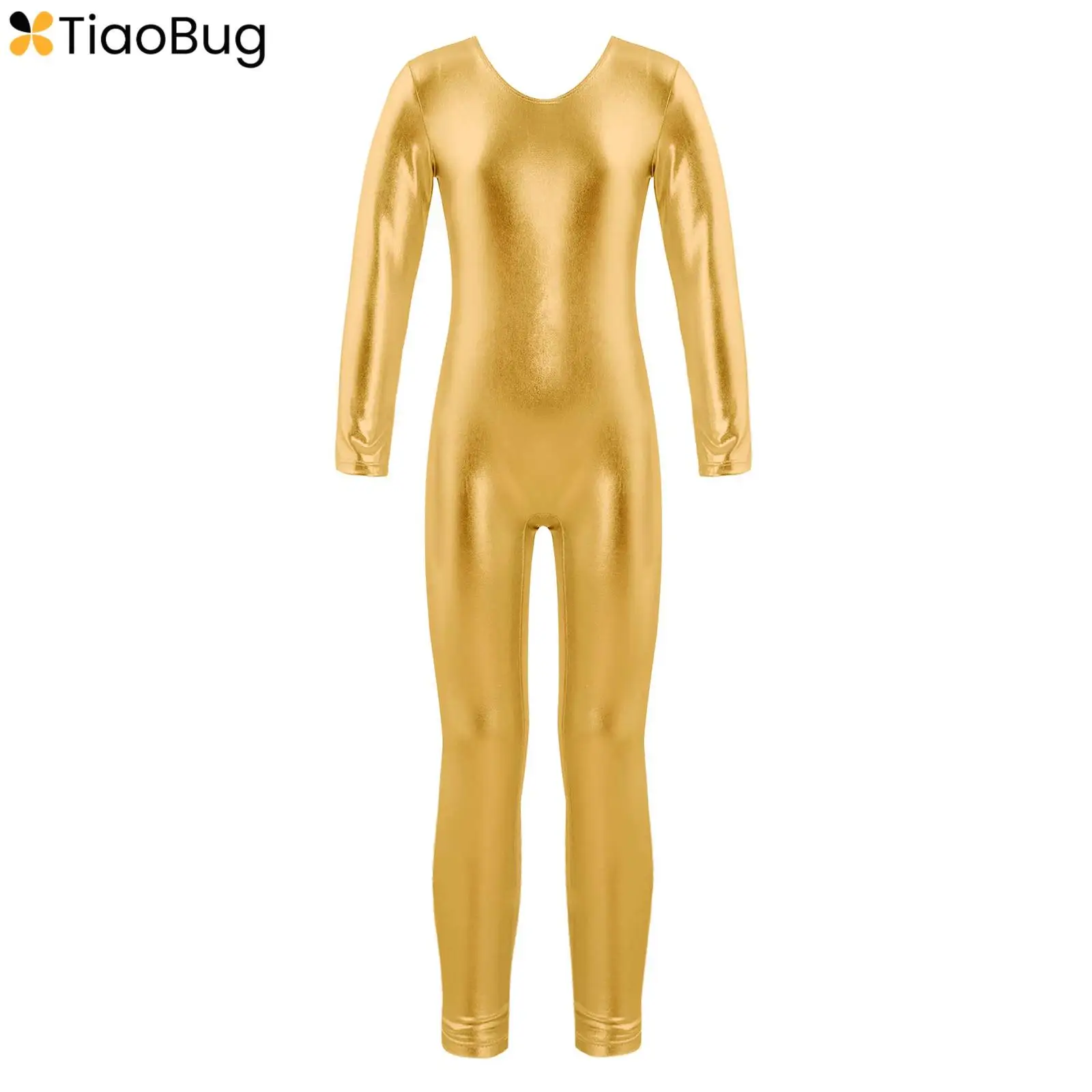 

Kids Girls Shiny Metallic Long Sleeve Ballet Gymnastics Leotard Full Body Dance Unitard One Piece Sport Bodysuits Jumpsuit