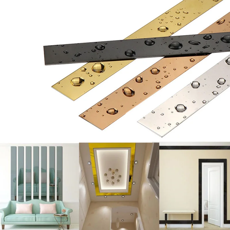 3M stainless steel flat metal decorative strip Ceiling Edge Line mirror background wall stickers for living room decor gold tape wall sticker mirror wall sticker