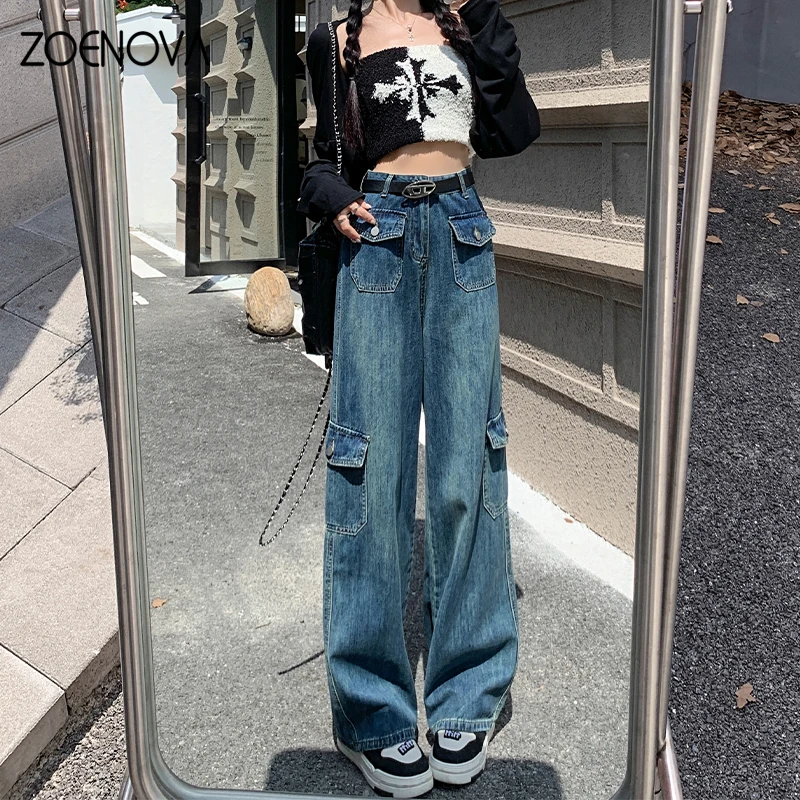 ZOENOVA 하이 퀄리티 용수철 가을 패션 신상 레트로 와이드 레그 팬츠, 캐주얼 Y2K 여성 청바지, 엄마 루즈 카고 스트레이트 팬츠