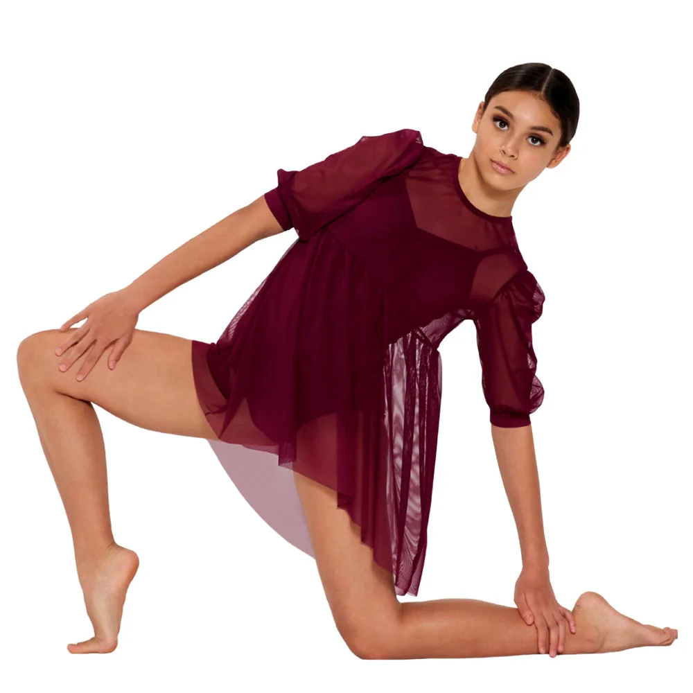 

Babydoll Mesh Dress with Leotard Included Pullover Mini Skirt Puff Lantern Sleeves Modern Lyrical Ballet Dance Wear for Girls