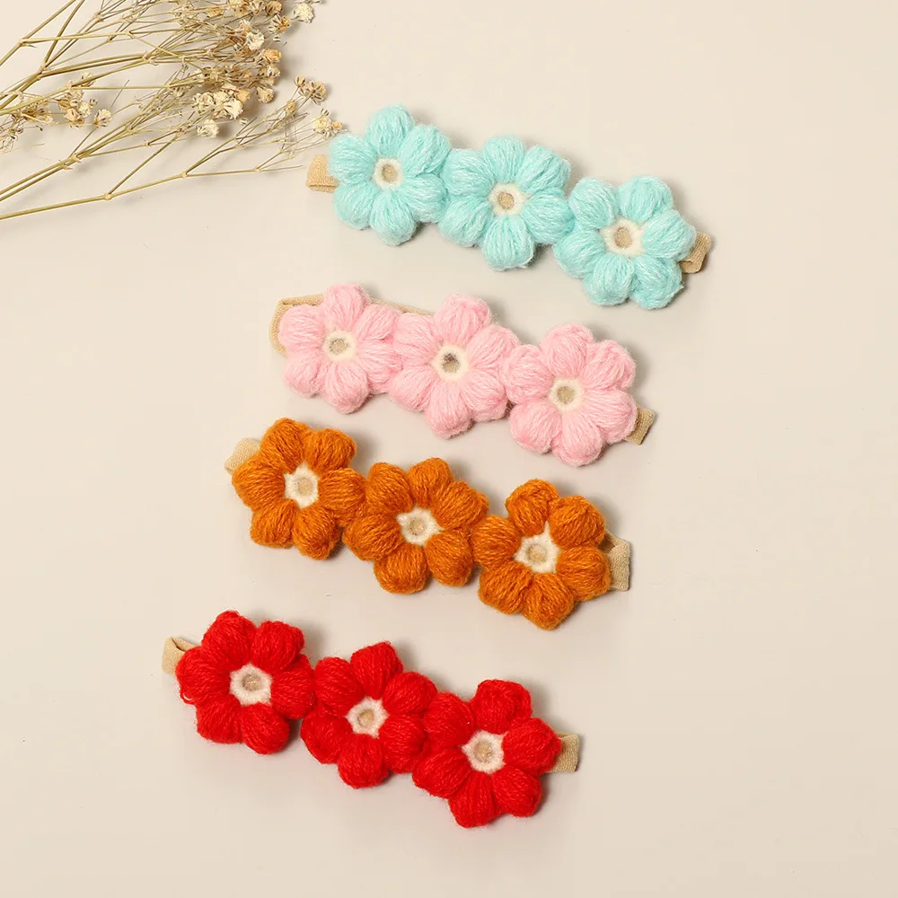 Kids Handmade Woolen Knitting Headbands Hairpins Baby Kawaii Flower Headwraps Girls Hair Accessories Newborn Photography