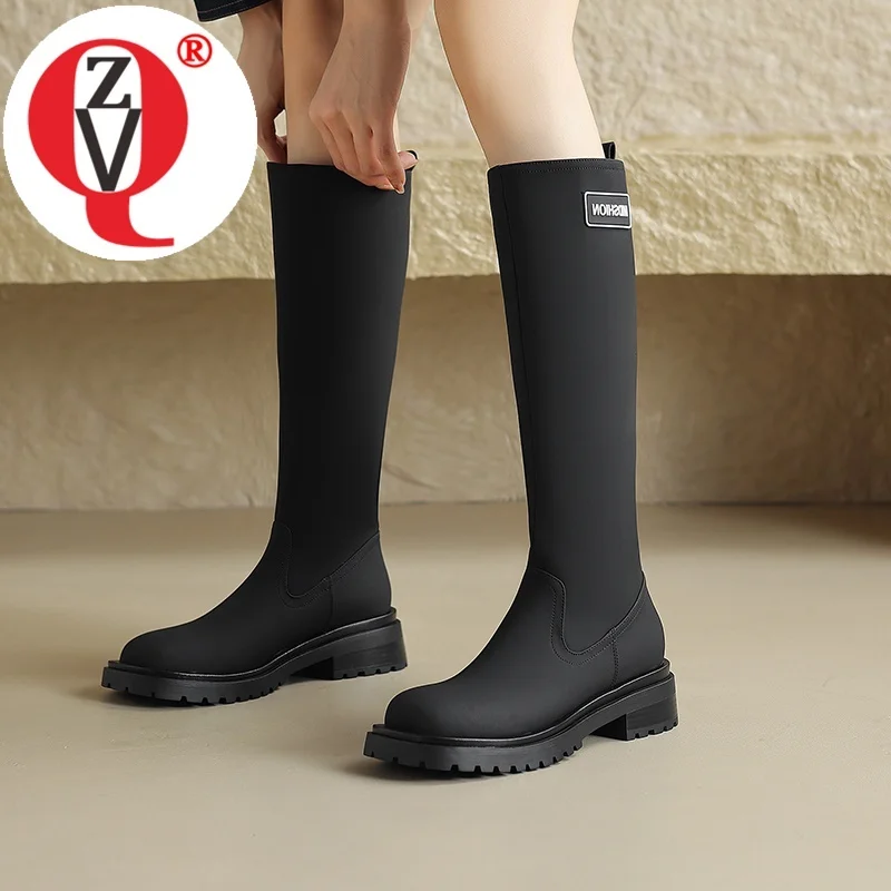 

ZVQ 2024 Winter Fashion Knee High Boots Real Leather Upper Round Toe Thick Heel Office Ladies Dress Shoes Slip-On Long Boots