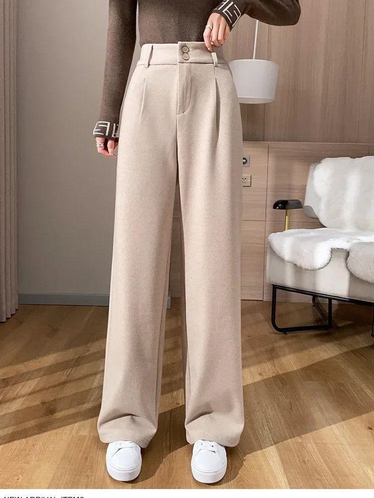 Chic Woolen Wide-leg Pants Women Fall Winter 2023 New Elastic High