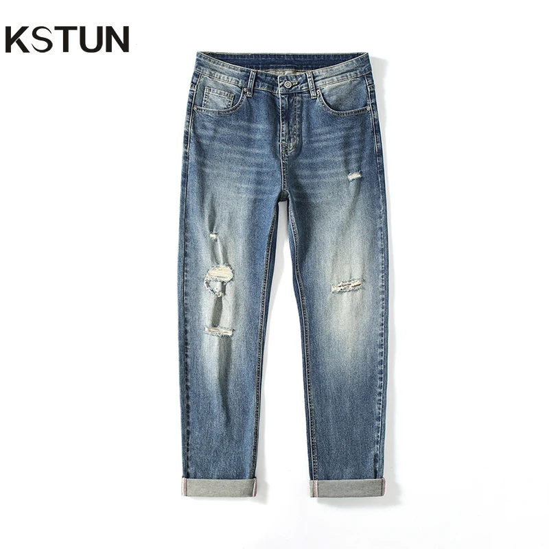 KSTUN Hiphop Jeans Men Ripped Denim Pants Stretch Slim Straight Men's Jeans Distressed Hollow Out Moto&Biker Streetwear