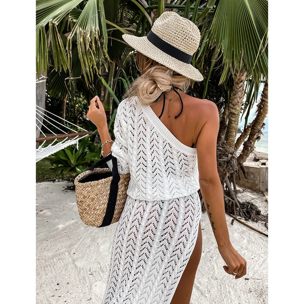 2024 Bikini Cover-ups White Crochet Tunic Cover-ups Sexy See Through Sleeveless Mesh Dress Women Summer Clothes Beach Wear Beach