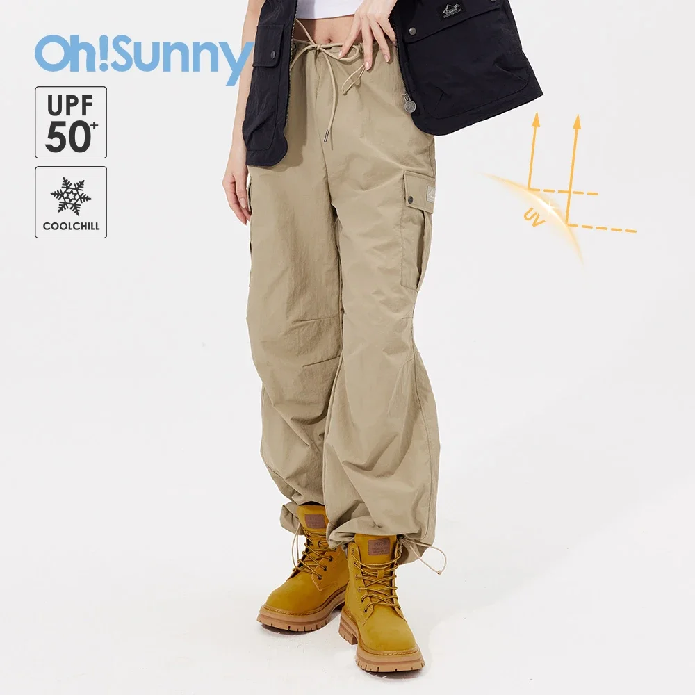 OhSunny Wide-leg Pants Outdoor Anti-UV Large Pocket Loose Casual High Waist Slim Adjustable Sunscreen Straight Overalls