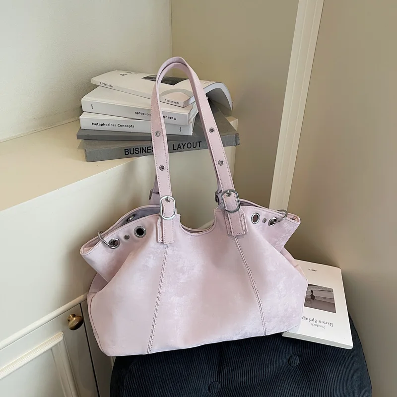 Borsa a Mano in Pelle PU per Donna, Borsa a Tracolla Arricciata con Dettaglio ad Anello Metallico, Borsa Grande Casual per Viaggi e Lavoro Quotidiani