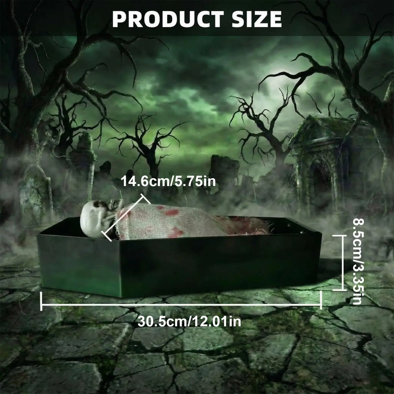 Sound-Activated Animated Skeleton Coffin with Green LED Lights and Scary Sounds - Halloween Decor for Home and Parties